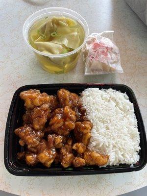 $9.99 Lunch Special C7. General Tso's Chicken Combo. White rice, wonton soup. Decent light flavors, juicy chicken.