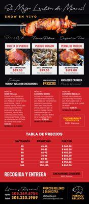 Tabla de precios para los puercos rellenos