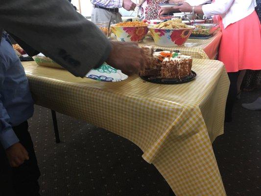 Who wants a slice? The congregation wants to be a blessing to anyone who fellowships with them. Potluck is every Sabbath/Saturday.