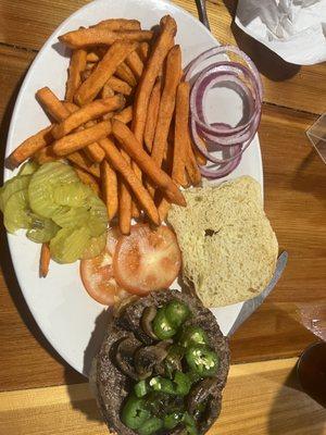 Angus beef patty  grilled mushrooms and jalapeños   Sweet potato fries