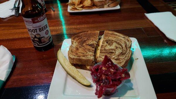 Reuben sandwich and Gray's root beer.