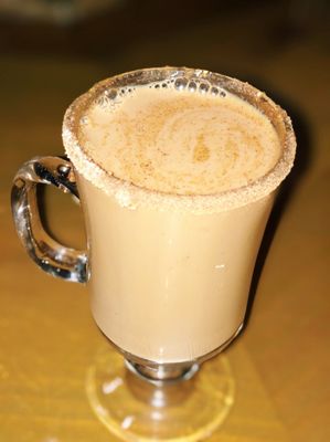 "Witches brew" hot coffee with Baileys, Frangelico, Kahlua and a cinnamon sugar rim. (9$)