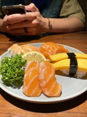 Salmon Belly Sushi, Tamago Sushi, Salmon Sushi and Ebi Sushi (which I didn't order)