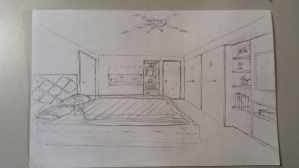 Pencil sketch of bedroom design of small apt in NYC