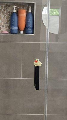 Rubber ducky on my new shower enclosure.