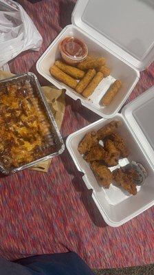 Cheesy bacon fries, wings mozzarella sticks