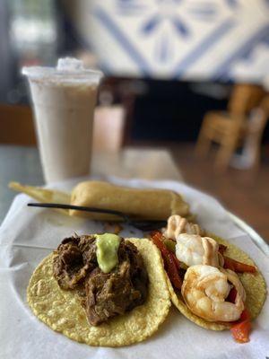 Steak Picado and Shrimp Taco, dessert Tamal se Elote (semi-sweet and a bit of salt)