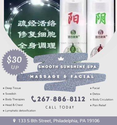 Smooth Sunshine Spa & Massage is the place where you can have tranquility, absolute unwinding and restoration of your mind,  ...