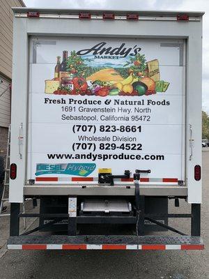 Full color digitally printed vehicle graphics for Andy's Produce Market in Sebastopol.