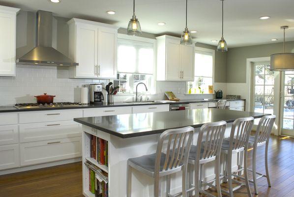 Total kitchen remodel with custom cabinets, counters, and island - check out that bookcase!