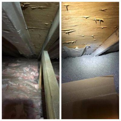 Cellulose insulation installed over fiberglass (before and after)