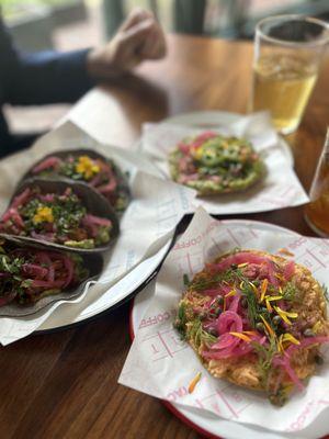 chicken tacos, avocado tostada, whitefish tostada