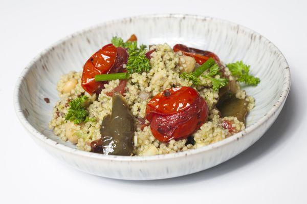 Mediterranean Cous Cous.
Spiced Cous- Cous with baby carrots, oven roasted tomatoes,