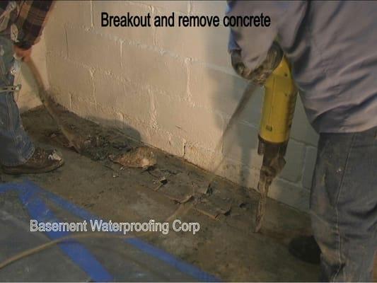 A saw cut then jack hammer to break out the concrete where interior drain tile is to be installed.