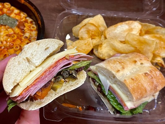 Big Italian Sandwich ciabatta with kettle chips and Pasta e Fagioli Soup