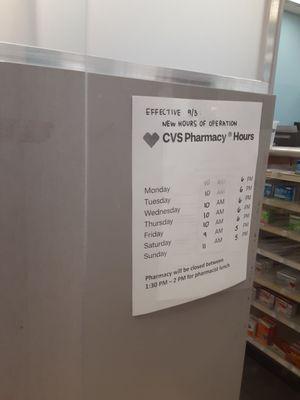 New pharmacy hours, effective 9/3.