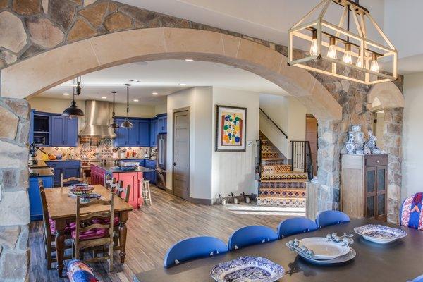 Custom Home, Tile Floors, Fun Backsplash, Stucco and Stone Archway