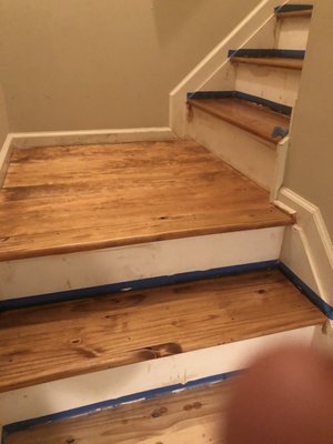 Progress Picture - Sanding and re-staining interior stairs.