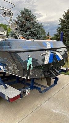 The transom of the Newly wrapped boat.