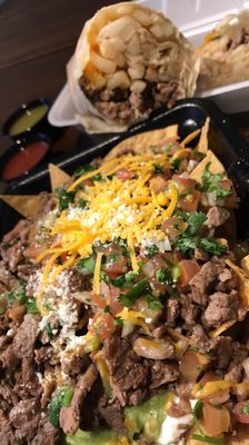 Carne Asada Chips w/added pico de Gallo and Cali burrito.