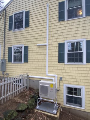 3 ton Fujitsu/3 zone heat pump installation on a landscape timber base and line set. covers.