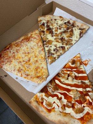 Plain slice, Buffalo Chicken slice, Chicken Bacon Ranch Pizza