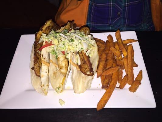 Fish tacos and sweet potato fries