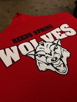 Screen printed hoodies for the Reeds Spring Wolves.