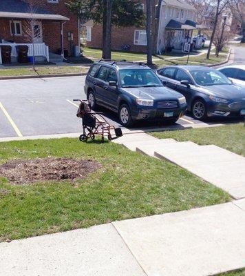 My assigned parking spot.   All 3 stairways are BLOCKED Management is aware and will not help. I broke ankle. No safe way to get to cars.