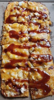 The Islander for $11. Flatbread with BBQ sauce, grilled chicken, red onion, pineapple, and cheddar jack cheese.