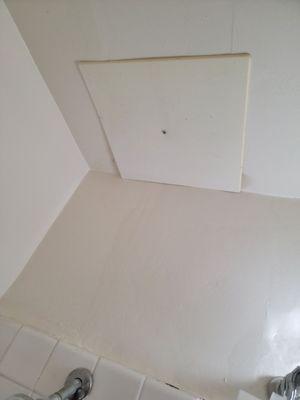 Ceiling with plastic cover over water damage and hole.