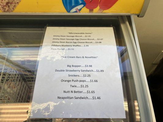 Prices for ice cream novelties along with microwave ready breakfast sandwiches.