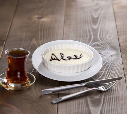 Delicious Rice pudding with Turkish tea