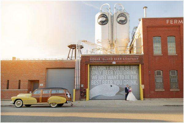 vintage cars and unique settings for many different wedding day portraits in front of Goose Island Chicago