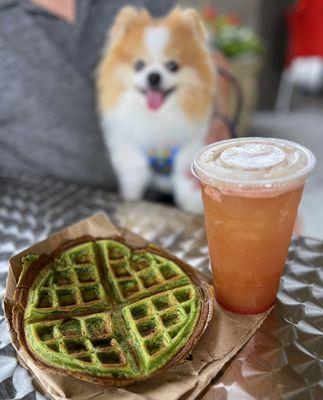 Bánh Kẹp Lá Dứa: Pandan Waffle ($4) & Nuóc Mia Dâu: Strawberry Sugarcane Juice (Medium - $8.50)