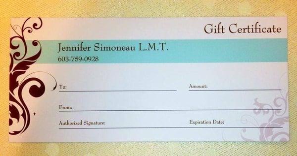 Gift certificates are available for any dollar amount or for 60 or 90 minute massage.