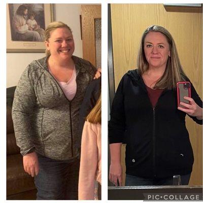 Megan after losing 80 pounds!  Totally changed her lifestyle, way of eating and exercising.  Joined Orange Theory with us too!