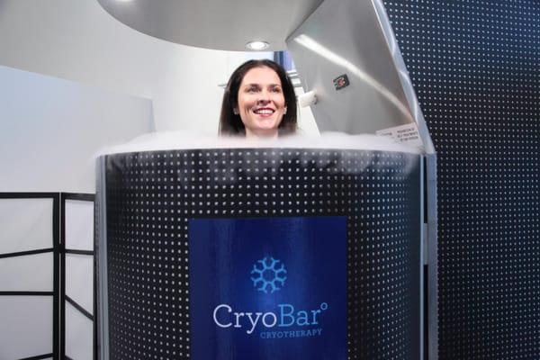 Co-Owner Sara Latham in the Whole Body Cryosauna at The CryoBar in Lincoln Park