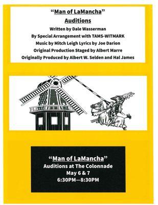 AUDITIONS: "Man of LaMancha" May 6th & 7th 6:30-8:30pm at The Colonnade