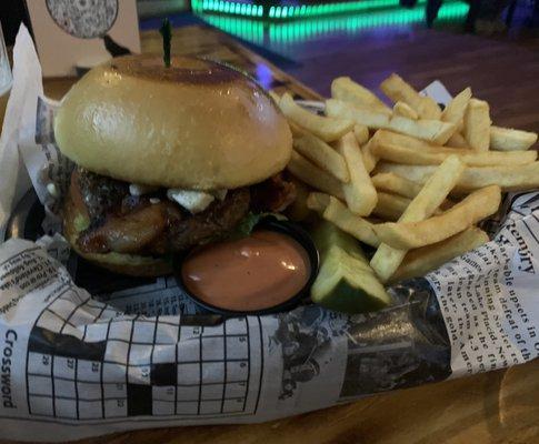 A hefty bleu cheese topped burger and side of hot fries ... at a great price!