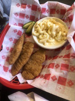 Chicken strips and mac n cheese