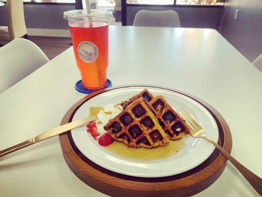 Beach Bum mega tea with a PB&J protein waffle