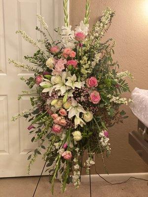 Standing spray of elegant white and pastel pink flowers