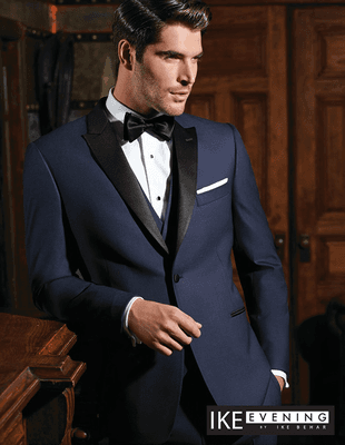 Ike Behar Navy "Blake" Tuxedo - 1 Button,Navy Peak Jacket with Black Satin Lapel, Super 120's Wool