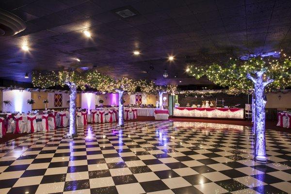 Our Sherwood Room dance floor with uplighting accents.