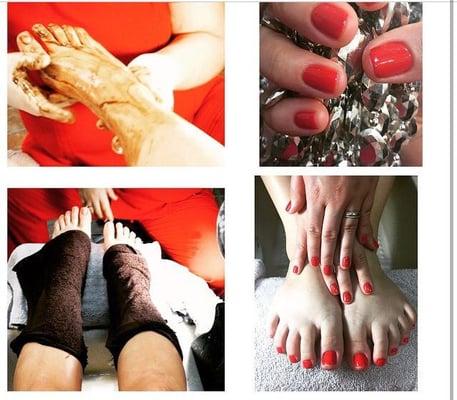 Enjoy a relaxing Manicure & Pedicure with the best products. Our Collagen foot mask is to die for!!