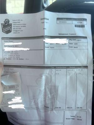 Receipt of 329$ inside car detail that was AWFUL AND NOT WORTH 329$