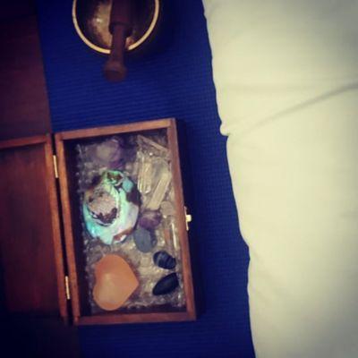 Crystals, Tibitan bowl, and meditation pillow