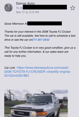 Email from Damas inviting me to schedule a test drive. I set it up for three days later.