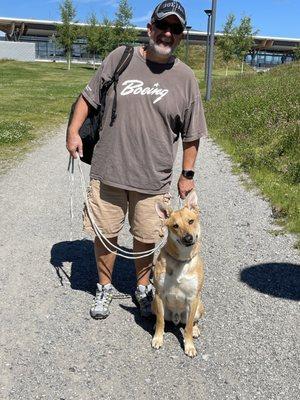 Max with Dad after arriving at Oslo airport.